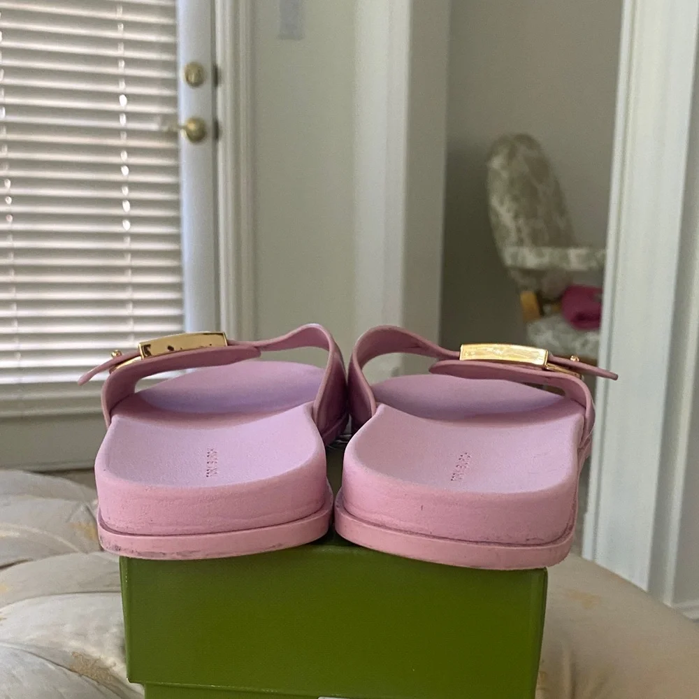 Tory Burch Pink Patent Slide Sandals with Gold Logo Buckle